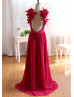 Red Chiffon Flower Decorated Straps Long Prom Dress